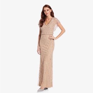 NWT Adrianna Papell SEQUIN LATTICE DRESS FLUTTER SLEEVES CHAMPAGNE SILVER 20